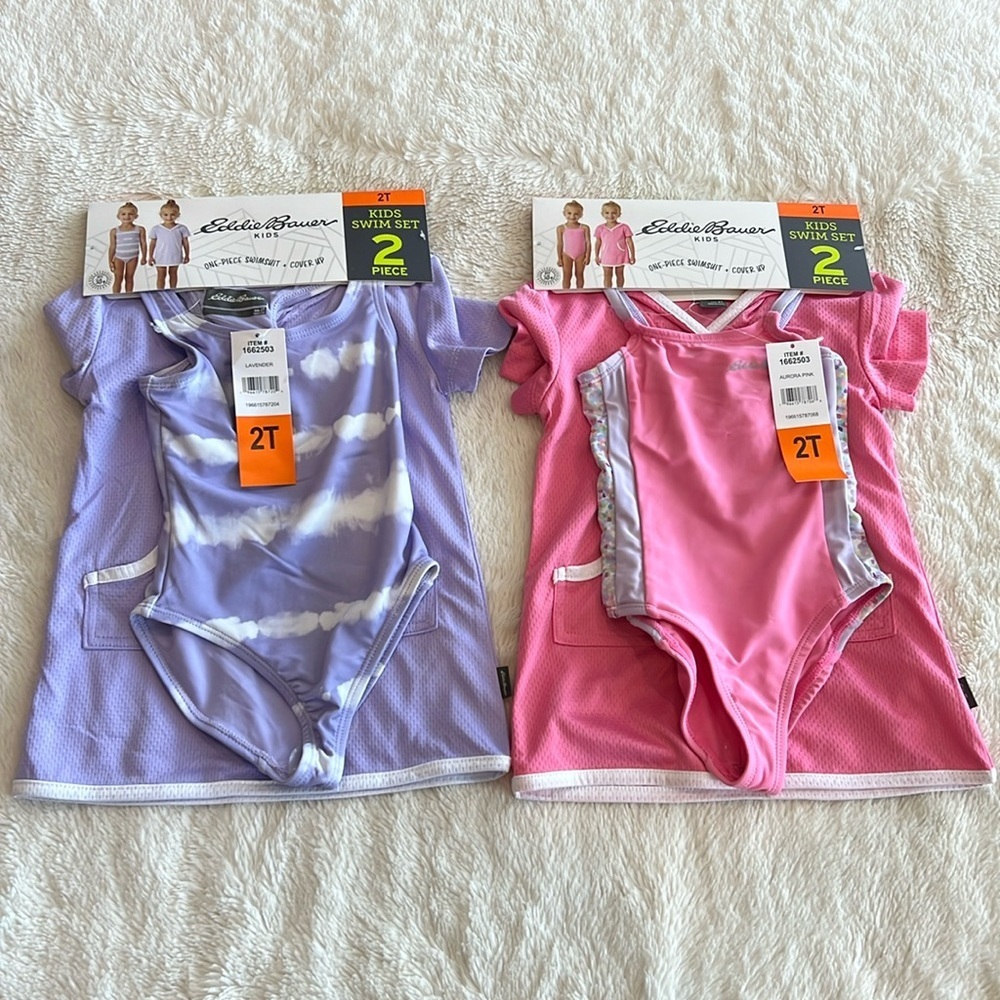 2 Eddie Bauer Girls Swim Set One Piece Swimsuit & Cover Up 2T pink purple